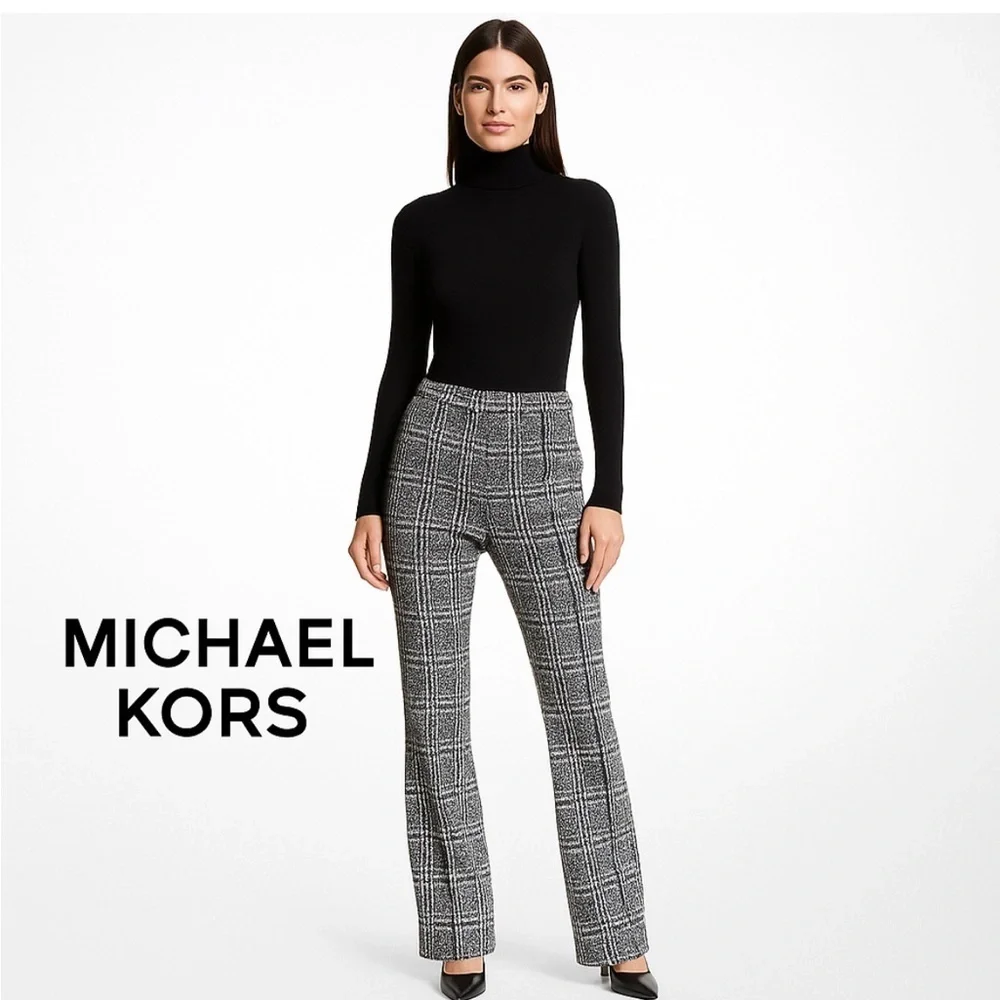 Michael Kors Plaid Straight Cut Pants Trousers Side Zipper Black & Gray Size L